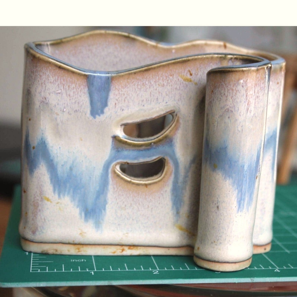 Bay Signed Studio Pottery Ikebana Blue Cream Pen & Paper Notes Holder - Picture 3 of 7